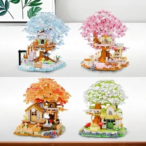 690pcs Romantic Four-Color Sakura Tree House Creative Building Blocks, Abs Material, DIY Toy, Living Room Decoration, Perfect Gift for Holidays, STEM Building Blocks
