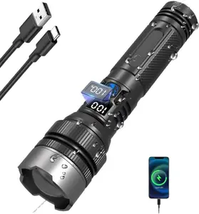 High Lumens Powerful Flashlight - USB-C Rechargeable, IPX7 Waterproof Tactical Flashlight with 5 Modes, Zoomable LED (XHP70.2), LCD Display & Mini Design for Camping Hiking Home Emergencies