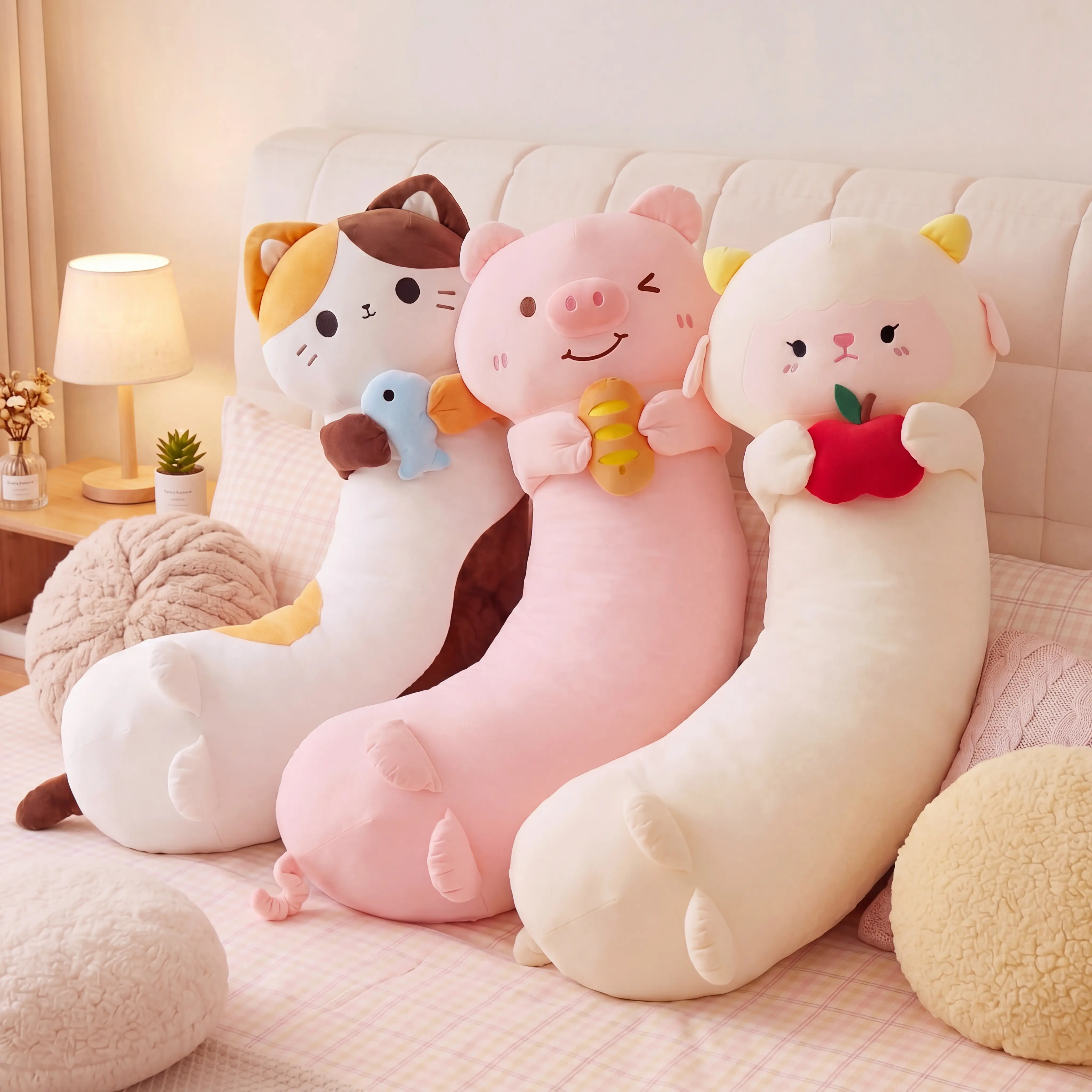 Ultra-soft cartoon animal long hugging pillow — Cat cuddling fish / Pig cuddling bread / Sheep cuddling apple styles; side sleeping support pillow; plush toy hugging pillow—great gift