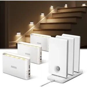 6 Pack Motion Sensor Night Lights with  Station, Sync LED Stair Lights Indoor, 1500mAh Rechargeable,  & Dimmable, 3000K Soft White, Portable Nightlight for Hallway, Stairs