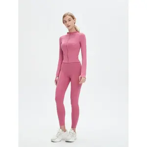 Women's Zip Up Thumb Hole Design Jacket & High Waist Yoga Leggings Sports Clothing Set, Athletic Sporty Style Breathable Comfy Outfits for Yoga Gym Workout Running, Ladies Sportswear for Fall & Winter