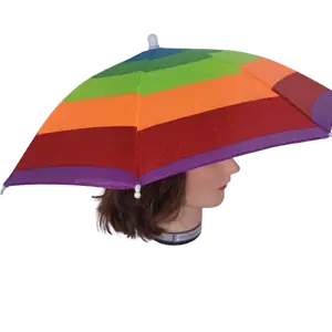 UMBRELLA HAT CAP Rain Sun Shade Sports Beach Fishing Kids Adults Hands Free Festival Party Gear Colorful Rainbow Colors Striped Design Elastic Headband Fun Headwear Folding Head Mounted Umbrella Adjustable Lightweight Cover