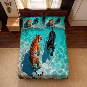 Wildlife Animal Print Fitted Sheet Set, 2/3 Pieces (1 Sheet + Pillowcases, No Insert), Tiger & Panther Swimming Bedding for Bedroom, Guest Room & Dorm