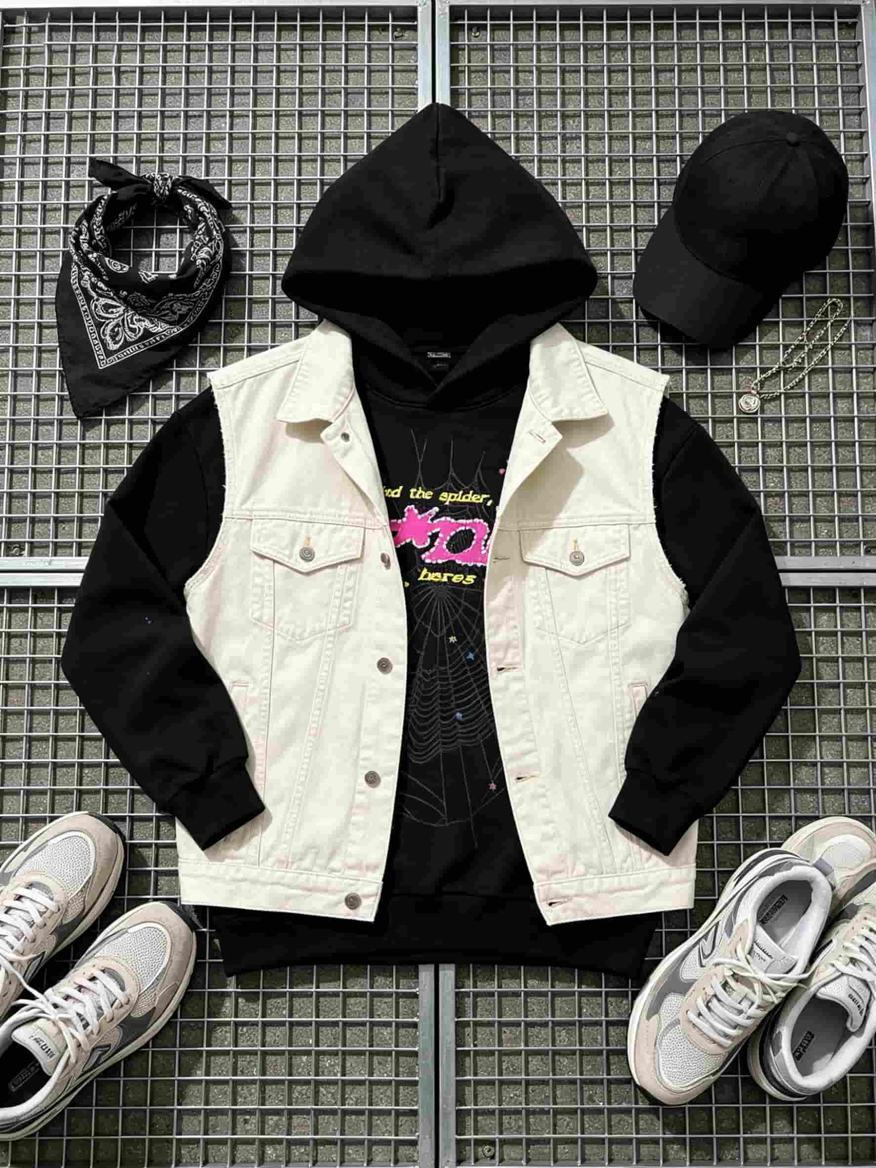 Men's Hooded Sweatshirt, Spider Web Pattern, Letter Print, Colorful Stars, Street Punk Style, Casual Fitted, Fall & Winter, Graphic Hoodie