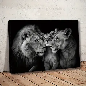2D Flat, 2D Flat, 2D Flat 2D FlatLion Family Framed Canvas Wall Art Poster |   Black & White Lion Illustration, Ready to Hang, Perfect for Living Room, Bedroom, or Office Decor, Wood Frame, Contemporary Style