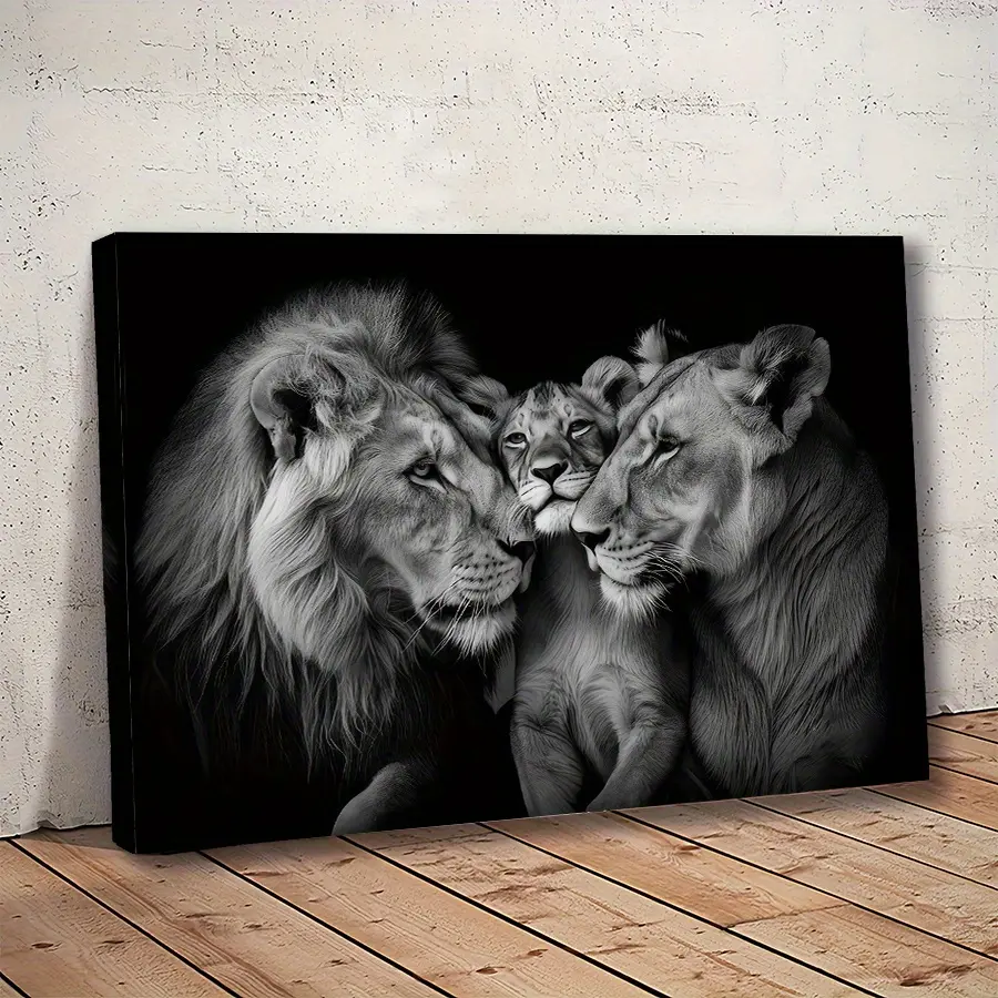 2D Flat, 2D Flat, 2D Flat 2D FlatLion Family Framed Canvas Wall Art Poster |   Black & White Lion Illustration, Ready to Hang, Perfect for Living Room, Bedroom, or Office Decor, Wood Frame, Contemporary Style