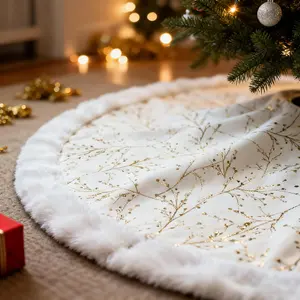 48inch White and Gold Faux Fur Thicker Plush Xmas Tree Skirt Fits 4-9Ft Christmas Trees Christmas Tree Decorations