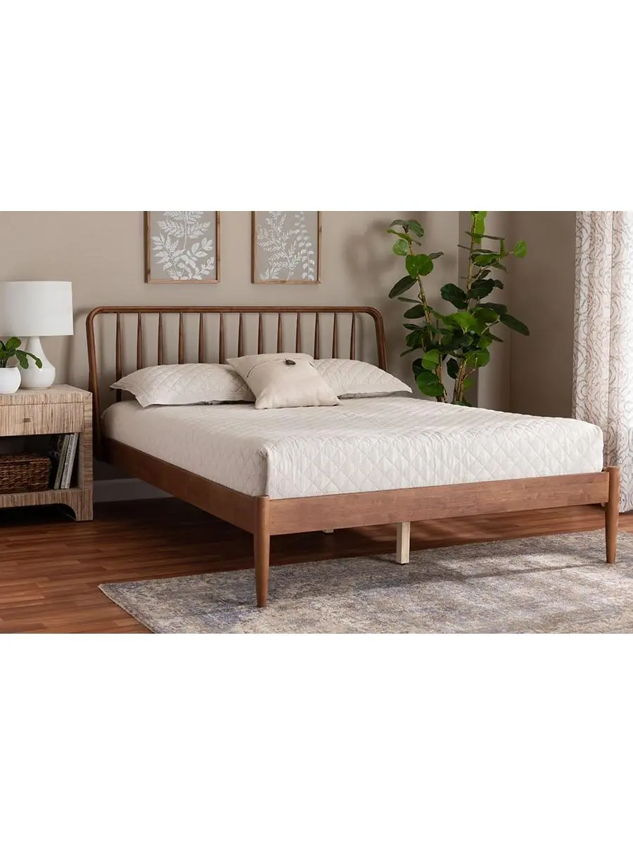 Baxton Studio Maeron Mid-Century Modern Walnut Brown Queen Size Wingback Spindle Headboard Platform Bed, Designer-Inspired, Freestanding Frame, Large, Modern Bed, Designer-Inspired Beds, Freestanding Frame Beds
