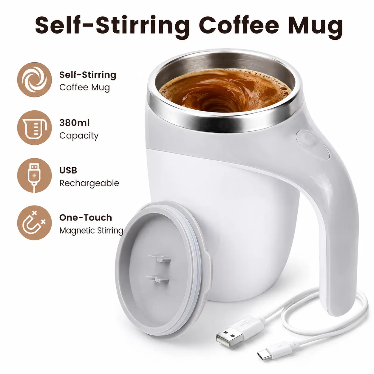 2026 Upgraded Rechargeable Self-Stirring Coffee Mug - Automatic Magnetic Mixing Stainless Steel Cup with Lid, Portable Home Supplies Party Gift