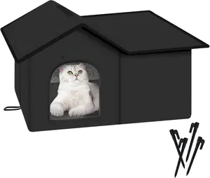 House for Outdoor Cats, Weatherproof and Insulated Feral  House with Mat and Clip, Easy to Put Together, Selfwarming  Shelter for Winter (Black,  House-L)
