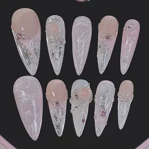 Handmade Bridal Lace Press On Nails, 3D Roses, Pink Crystals & White Net Art on Milky Blush Base, Long Nails for Elegant Wedding Vibe