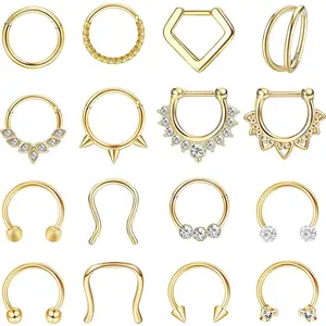 FIASASO 16Pcs 16G Black Stainless Steel Body Piercings Set - CZ Septum Rings, Septum Clicker, Daith Earrings, Nose Hoop, Cartilage Helix Tragus Jewelry