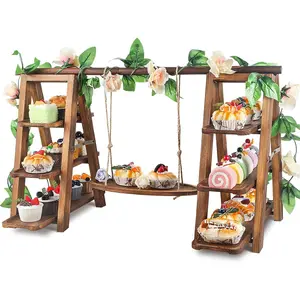 Wooden 3 Tier Cupcake Stand with Swing and Flower Decoration Removable Tray Display Foldable Stand with Serving Platter Party Food Display Set for Cake Snack Fruit Chips Bread Centerpieces Catering