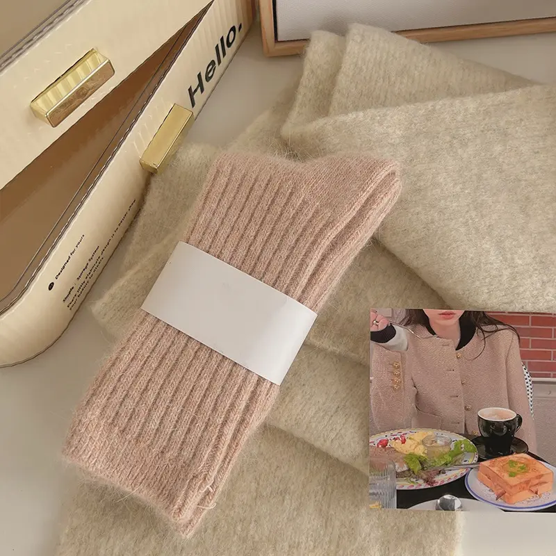 Women's Japanese Style Mid Calf Socks with Gentle Vertical Striped Texture, Thick Fleece-Lined Warm Minimalist Lounge Socks, Basic