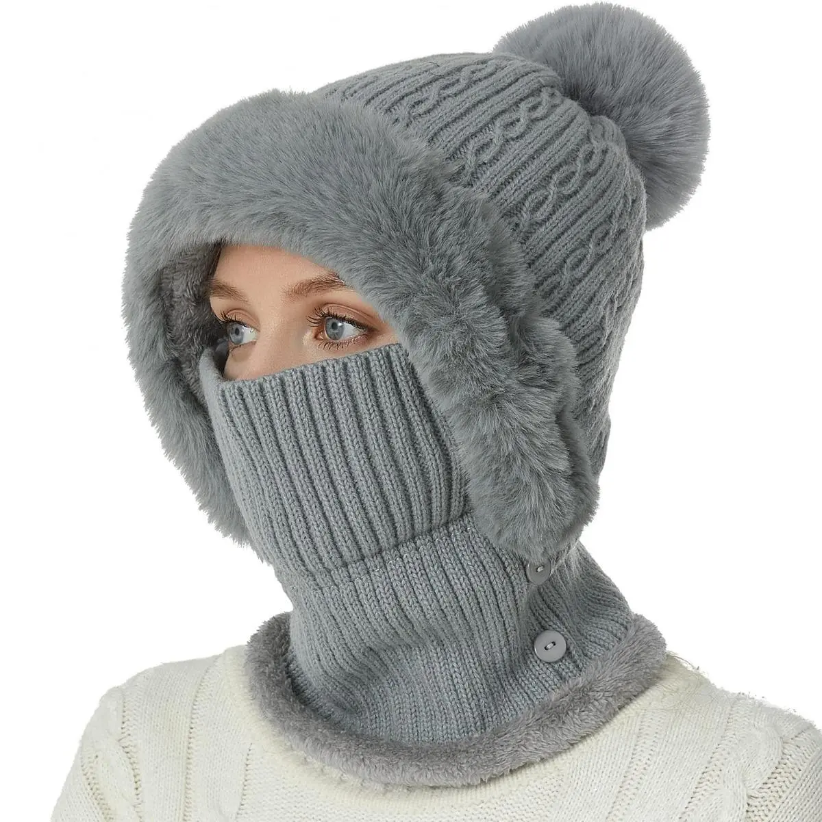 ‌Windproof Cap Outdoor Hat Winter Women's Knit Balaclava Ski Hat Set Thick Fleece Faux Fur Pom Ear Flaps Scarf Beanie for Outdoor Activities‌ Face Protection Ski Gear