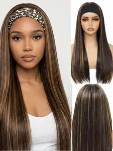 Headband Wigs for Women Synthetic Soft Hair Wig Long Straight brown Blonde Highlights Wig Silky Straight Heat Resistant Wigs for Daily Party Use