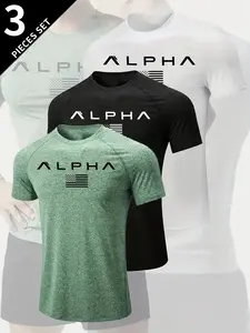 Men's Alpha Pattern T-Shirt Set, American Flag Print, Comfortable Short Sleeve Round Neck, Soft Elastic Fabric, Ideal for Sports & Casual Wear