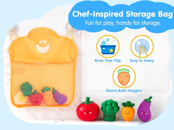 hahaland Color Changing Vegetable Soup Bath Toy Set for Toddlers 12m+, 15-Piece Set with Veggies, Pot, Spoon, Mesh Bag, No-Hole Mold-Free Smooth Plastic Easy-Grip All-Seasons Playset, Gift, Holiday, Color Change in 95°F+ (35°C+) Water