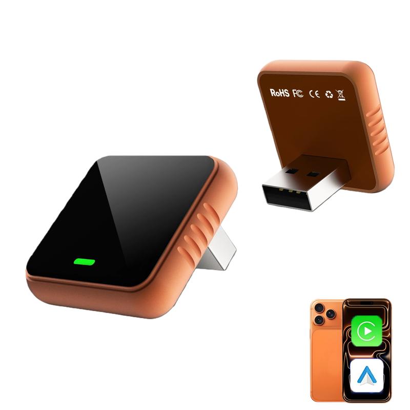 2026 Wireless CarPlay Adapter for iPhone & Android Fast Connection Zero Latency Hands-Free Calling & Charging Compact Orange Design