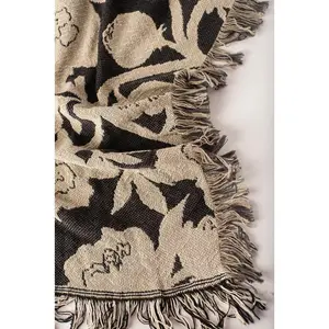 Neutral Botanical Throw Blanket, Reversible Cotton Jacquard Throw