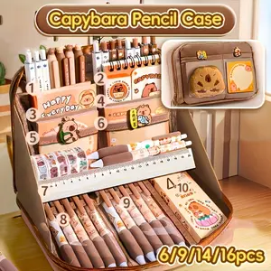 54-Piece Capybara Canvas Pencil Box Set, Includes Doll, Stickers, Keychain, Clips, Large Capacity Layered Zipper Closure, School Essentials