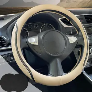 Steering Wheel Cover Beige, 14.5-15 inch Steering Wheel Covers with Coasters Microfiber Leather Carbon Fiber Breathable Anti-Slip Durable Universal Auto Steering Wheel Protective