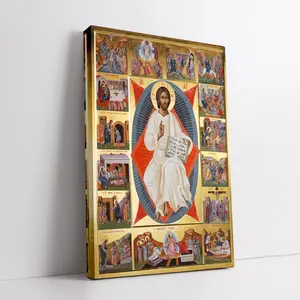 A Orthodox Christian Icon Canvas Art - 29.97x39.88cm Wooden Frame Religious Poster, Depicting Jesus Christ with Angels and Saints, Suitable for Bedroom and Living Room Decoration, Indoor Wall Art |   Religious Wall Art |   Wooden Religious Home Decor