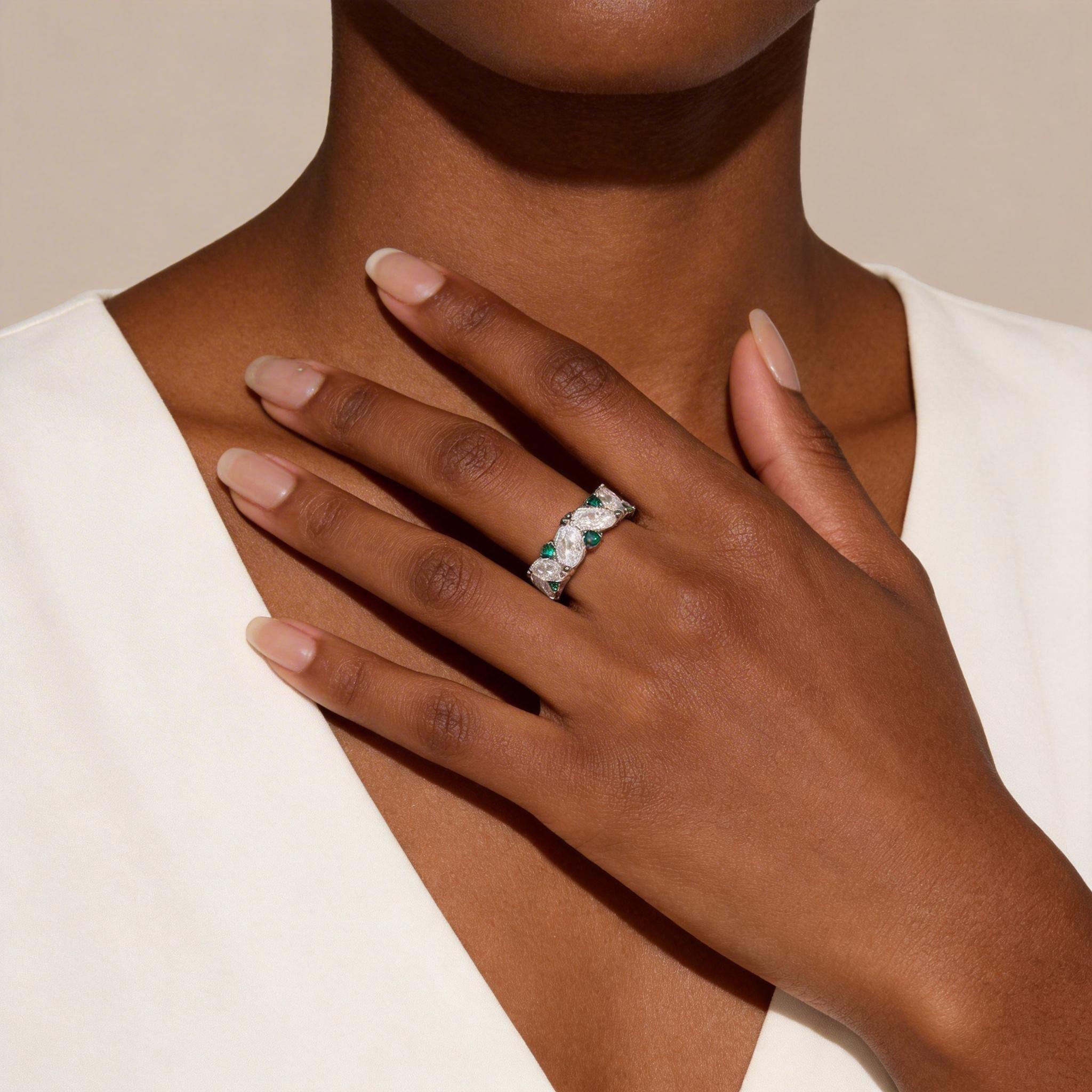 Hypoallergenic Marquise Emerald Eternity Ring for Sensitive Skin, Sparkling CZ Stackable Band, Safe Gift for Women with Allergies, Comfortable for All-Day Wear, Daily & Formal Occasions