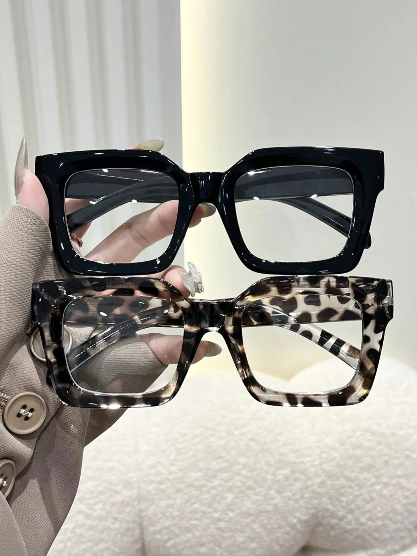 1pair Women Fashion Leopard Print Big Frame Round Optical 
