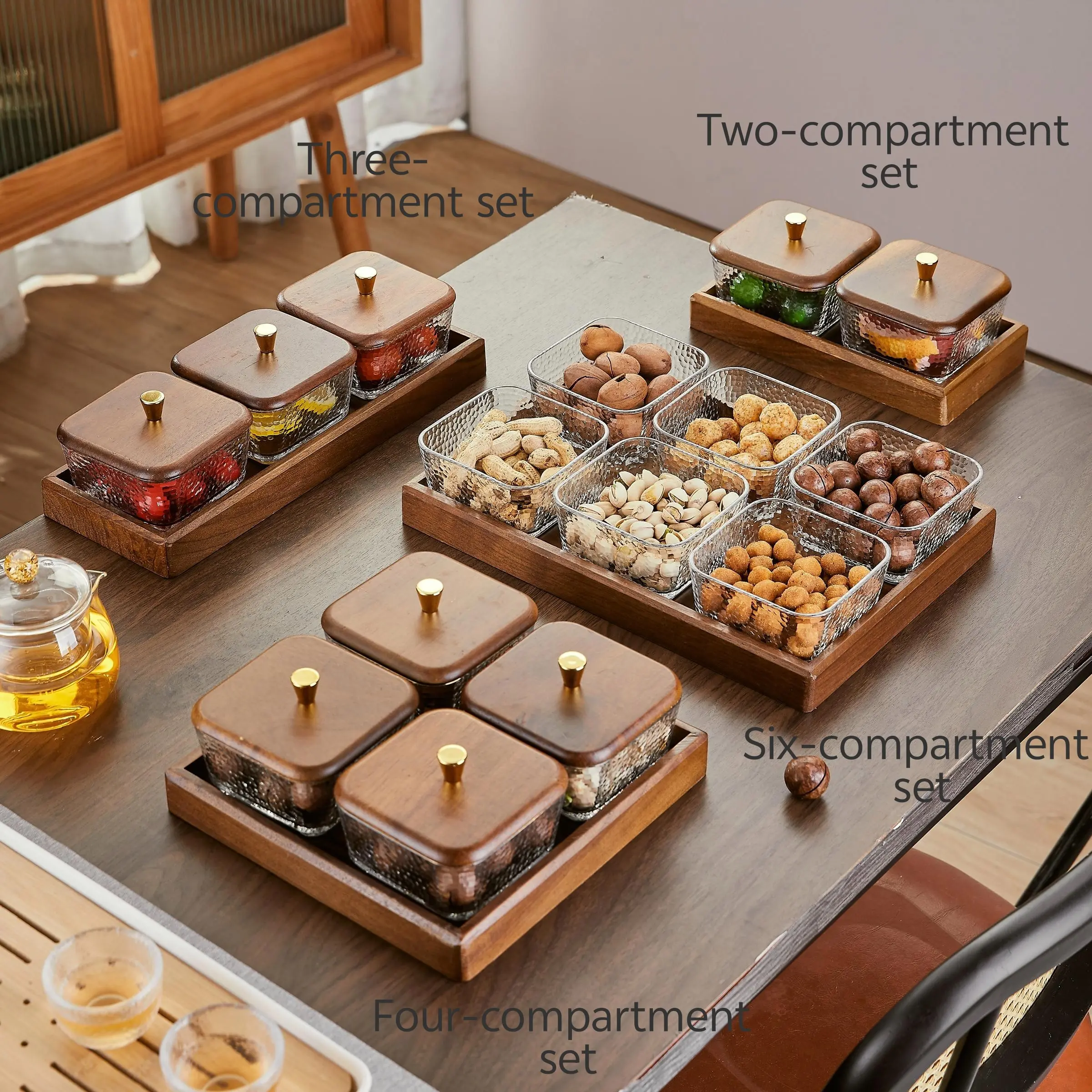 Wooden Food Storage Box with Lid, Organized Food Storage, 1 Set Multi-grid Snack Tray, Fruit Tray, Food Storage Containers, Produce Storage Containers, Home Organization Containers, Kitchen Storage Organizer, Leakproof Container