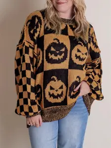 Women's Plus Size Round Neck Long Sleeve Pullover Sweater Coat, Halloween Horror Plaid Pumpkin Ghost Knit Top, Casual Fall Fashion