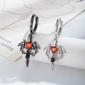 2 Pairs Gothic Feather CZ Dangle Huggie Hoop Earrings Set, Black/Silver Punk Cartilage Hoop, Hypoallergenic Earrings for Women Men