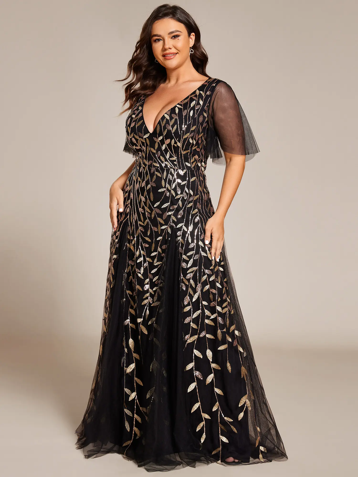 Ever-Pretty Plus Size Women's Shimmery Sequin Maxi Dress with Ruffle  Sleeves Double Deep V Neckline Metallic Black Formal Workwear Model 0736  All Seasons Party dress,Evening dress - TikTok Shop