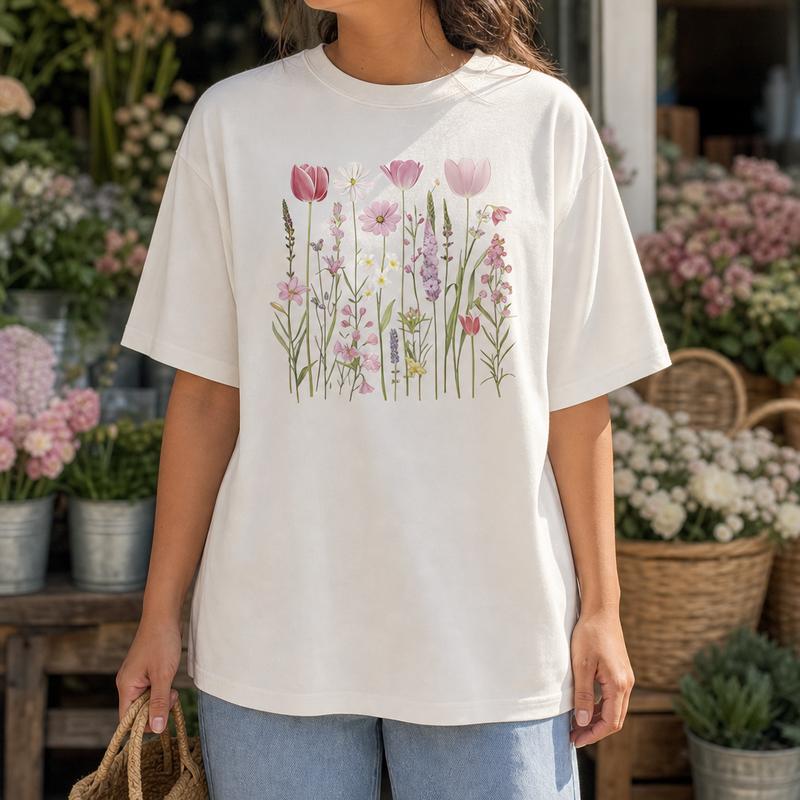Botanical Wildflower Garden Women's 100% Cotton Tee Cottagecore Floral Graphic T-Shirt