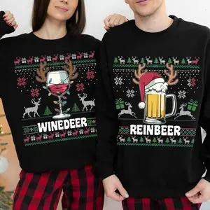 Winedeer Reinbeer Ugly Christmas Sweatshirts, Funny Couple Christmas Shirts, Christmas Sweater, Couples Sweaters, Matching Sweaters