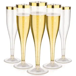 25 Pack 4.5 oz 6.5 oz Plastic Gold Glitter Champagne Flutes with Gold Rim, Disposable Champagne Toasting Glasses for Wedding, Engagement, Party, Mimosa Bar