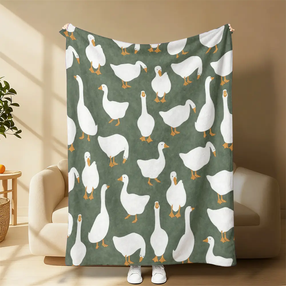 Sage Green White Goose Duck Seamless Pattern Fleece Throw Blanket - Cute Farm Water Bird Cartoon Print, Oversized Washable, Ideal for Cottage Dorm, Perfect Gift for Farmcore Aesthetic Animal Lovers, Throw Blankets