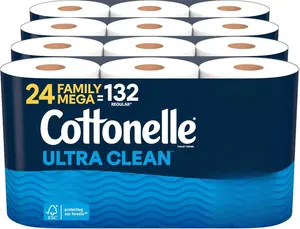 Cottonelle Ultra Clean Toilet Paper with Active CleaningRipples Texture Strong Bath Tissue 24 Family Mega Rolls 132 Regular Rolls 353 Sheets Per Roll 100% Plant-Based FSC Certified Septic Safe