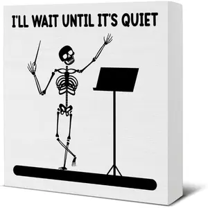 Christmas Halloween Decoration, Funny Music Teacher Gift I'll Wait Until It's Quiet Wood Block Sign for Band Director Orchestra Teacher Conductor 5x5 inch Room Decoration Ornaments