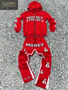 Novo Style  Young Men's Streetwear Money Gold Coin Bag Location Print Full Zip Red Hooded Cardigan And Pants Set ,Men Two Pieces Outfits ,Men Tracksuit , Suitable For Christmas, New Year's Holidays, And Daily Outfits
