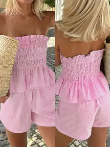 Women's Hawaiian Bohemian Tropical Beach Vacation 2-Piece Set, Striped Ruffle Halter Top and Shorts, Perfect for Dates, Afternoon Tea, Holidays, Music Festivals, Christmas Summer