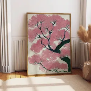 [UNFRAMED POSTER] Japanese Cherry Blossom Print, Vintage Ukiyo-e Style Wall Art, Minimalist Floral Poster, Asian Inspired Sakura Decor, Japanese Woodblock Art