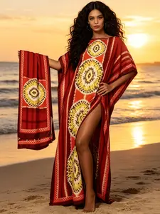 2026 New Women's 2 Piece Red Tribal Sun Print Kaftan Maxi Dress with Matching Scarf, Silky Loose Pleated Robe, Plus Size Friendly, Beach Cover Up, Resort Vacation & Evening Party Wear