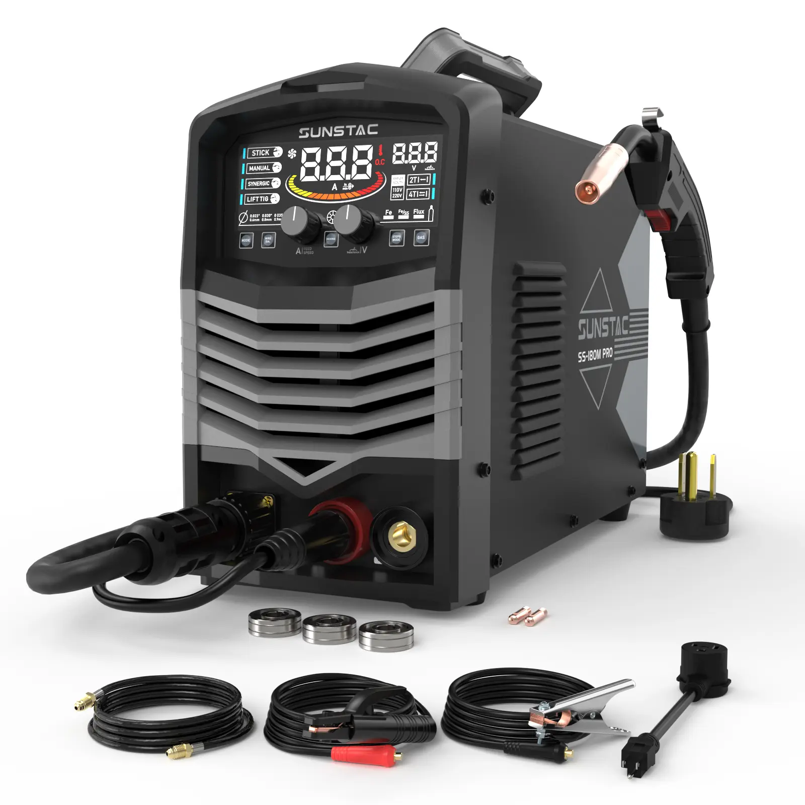 Sunstac SS-180M-Pro 4-in-1 Gas Gasless MIG Welder | Dual Voltages 110V/220V, LCD Display, Synergic MIG | Gas MIG/Flux Core/Stick/Lift TIG Multiprocess Welding Machine