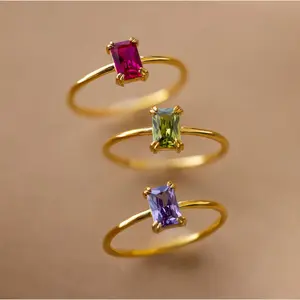 Gilded Grace Dainty Emerald Cut Birthstone Ring, 18K Gold Plated Solitaire CZ Stackable Ring for Women, Promise Ring Gift for Her