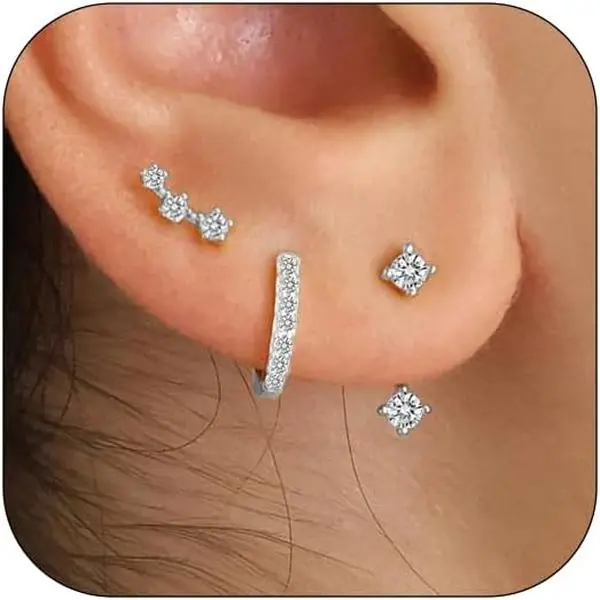 14K  Earring Sets for Women Dainty Gold Stud Earrings Set Non Tarnish Sterling Silver Earrings Hoops Double Piercing Earrings Two Holes Dainty Earring Sets for Multiple Piercing