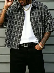 Summer Men's Classic Trendy Plaid Checked Collared Short Sleeve Shirt, Loose Fit Button Down, Street Fashion Style, Perfect for Layering and Casual Wear