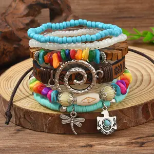 6pcs Bohemian Multi-layer Beaded Bracelet for Women Vintage Ethnic Leather Stackable Bracelets with Dragonfly Charms Beach Jewelry Gift