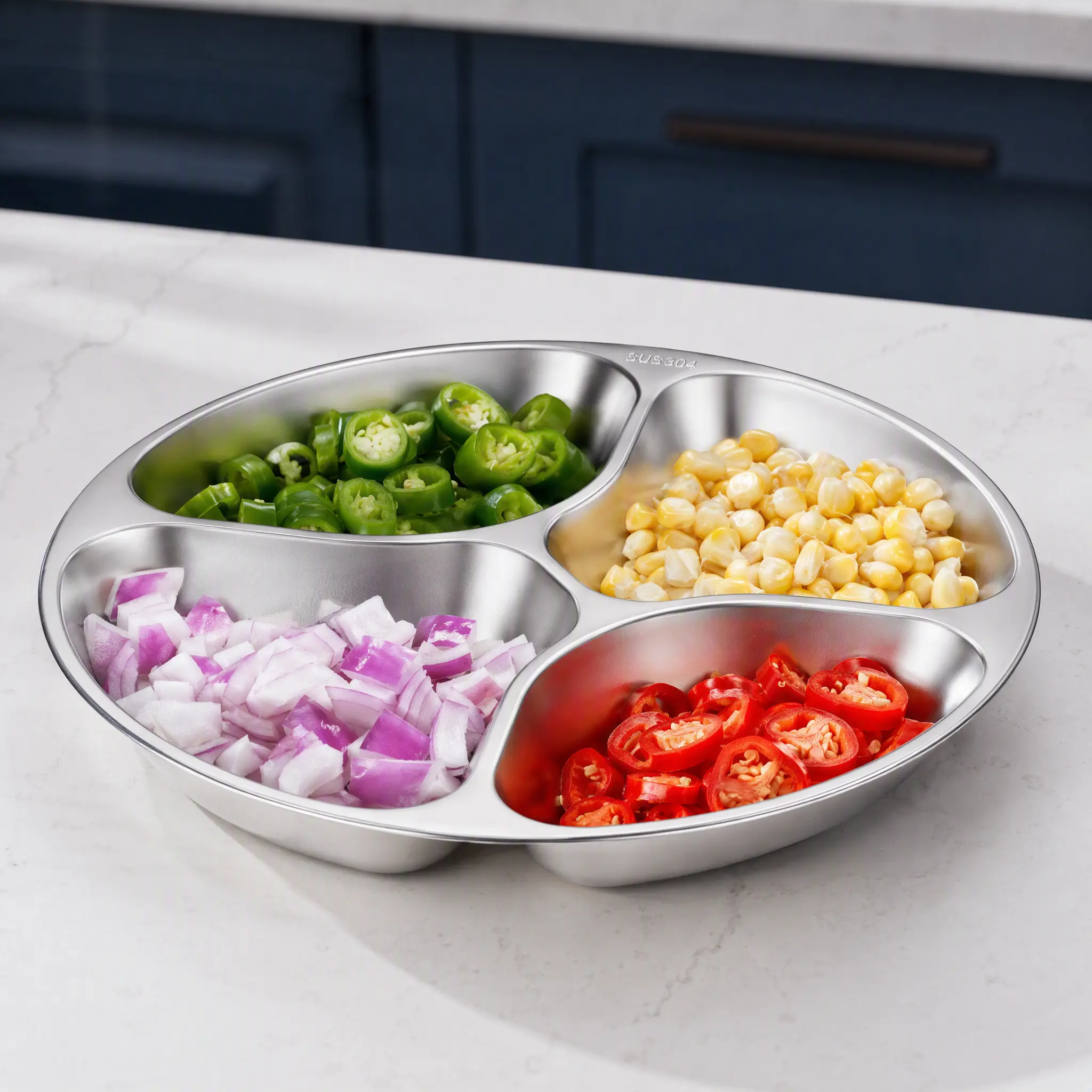 304 Stainless Steel Round 4-Compartment Divided Dinner Plate, Reusable Lightweight Portion Tray for Meal Prep, Food Separation in Home Kitchen & Daily Dining