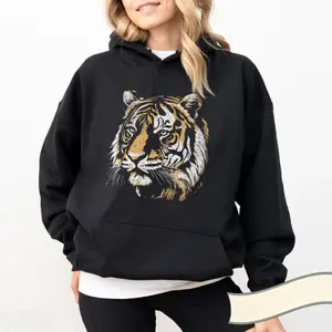 Women's Retro Tiger Print Hoodie - Long Sleeve Pullover, Machine Washable, Retro Streetwear